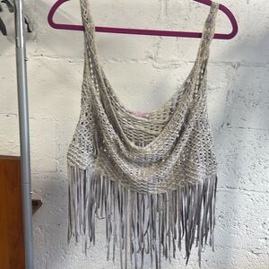 Wink Crop Top - Woven Gray Fringe Top - Size Small - Like New